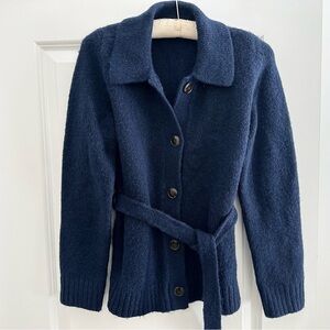 Navy Button Front Collared Cardigan Sweater-  Waist Belt Tie- Capsule Wardrobe